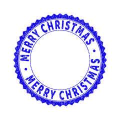 Grunge MERRY CHRISTMAS round rosette stamp. Copy space inside circle. Vector blue rubber imprint of MERRY CHRISTMAS caption inside round rosette. Stamp seal with grunge texture.