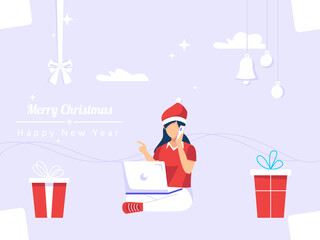 Social media design concept. Christmas New Year greetings. Woman sit and pronounce online. used for web, posters, flyers. flat vector.