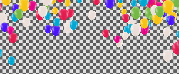 Bright colorful stars and balloons border on a background. Festive birthday party vector poster. Celebration illustration.