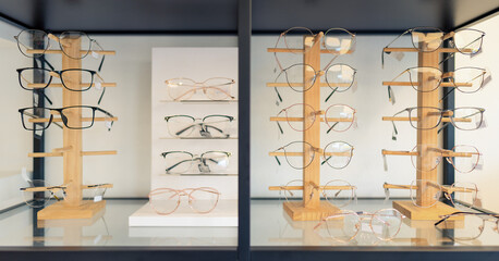 eyeglasses display on glasses stand on shelves in optical store