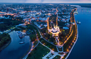 Aerial view of Assumption Cathedral at Yaroslavl in summer night. Russia