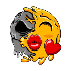 The love emoticon with the big kiss lips change to the dark black skull