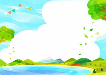 Fototapeta na wymiar 春のお出かけ背景イラスト　新緑の海岸線　水彩テクスチャ