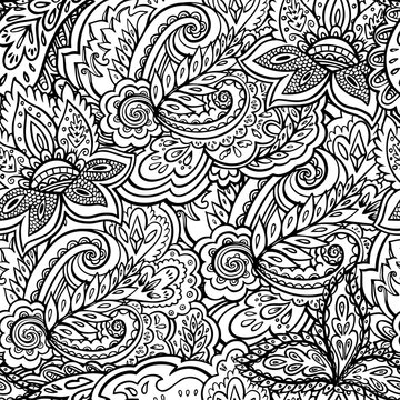 Seamless pattern in ornamental style. Black and white illustration for adult coloring book.