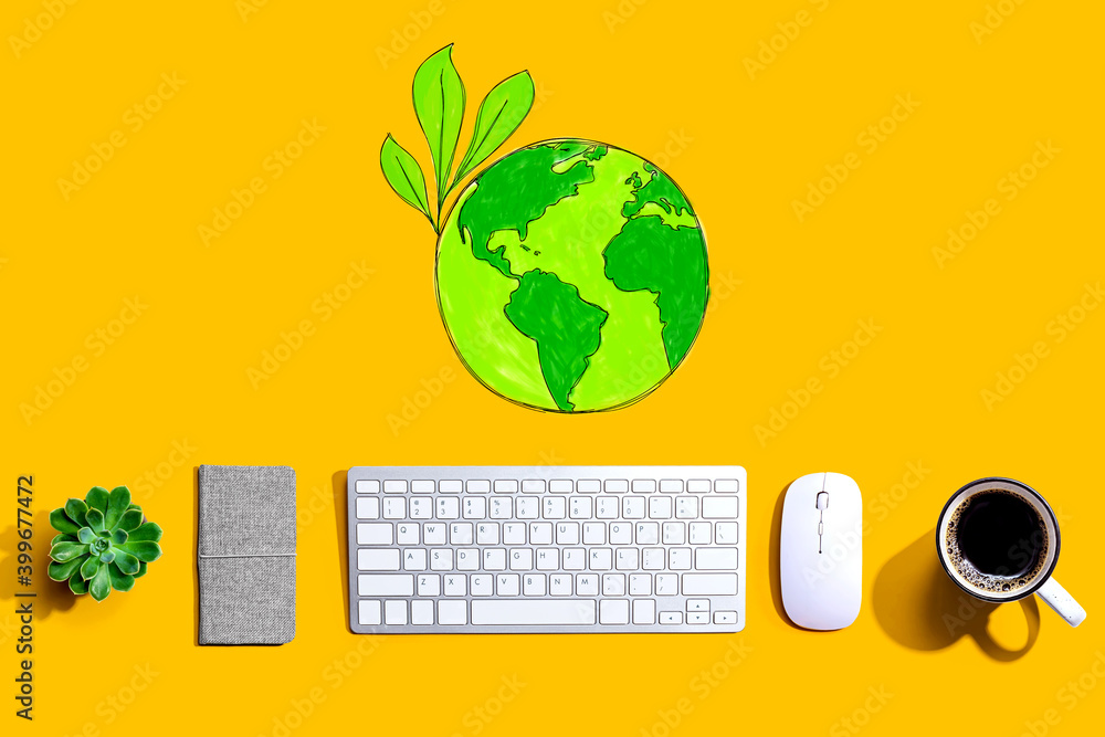 Poster save earth concept with a computer keyboard and a mouse