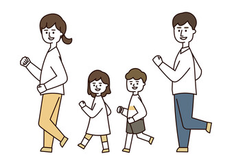 ウキウキで歩く家族（カジュアル）