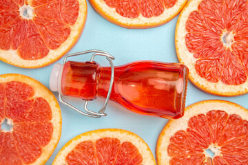 top close view fresh grapefruits fruit slices on a blue background juice fruit fresh color citrus