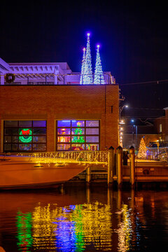 Seasonal Holiday Lights In Annapolis Maryland On The Chesapeake Bay Waterfront