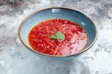 front view delicious borsch ukrainian beet soup inside plate on white background color meal cabbage photo dish red