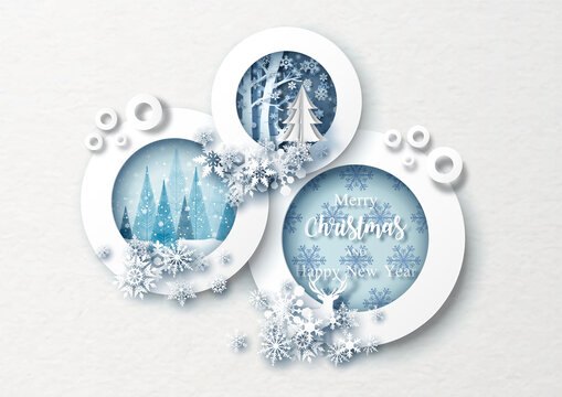 Beautiful snowflakes decorated on circles Christmas picture frame and white paper pattern background. Christmas greeting card in paper cut style and vector design.