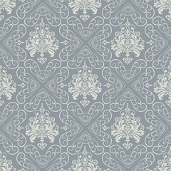 Vintage damask wallpaper, seamless pattern. Silver gray color. Perfect for fabrics, covers, patterns, posters, interior design or wallpaper. Vector background
