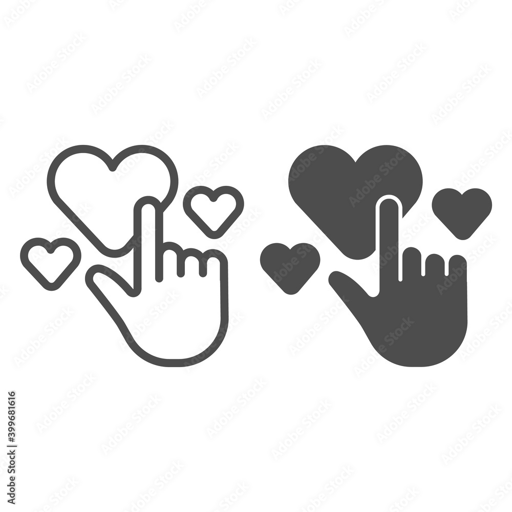 Poster hand pointer and hearts line and solid icon, care concept, hand and heart sign on white background, 