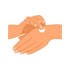 Woman applying moisturizing cream on hand in flat design. Hand care concept on white background. Skin care.