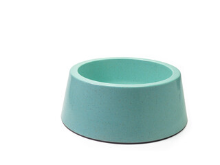 The close up of empty blue green plastic dog bowl, pet equipment isolated on white background.
