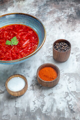 front view tasty borsch ukrainian beet soup with seasonings on a white background photo cuisine dish meal color