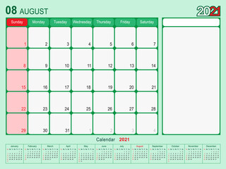 August 2021 Calendar Monthly Planner Design