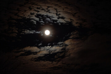 bright full moon shine behind thick cloud on the dark sky