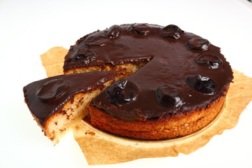 Chocolate Topped Sponge Cake with Prunes and Toffee Sauce
