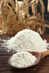 Fototapeta na wymiar Wheat flour on wooden spoon at wheat ears background
