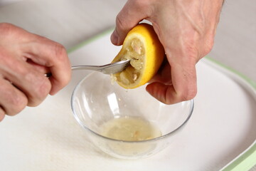 Squeezing lemon with fork. Making Apple Tarte Tatin with Cinnamon Series.