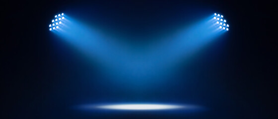 Abstract show led light concert stage with blue beam two light illuminating empty space, panoramic...