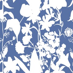 White silhouettes of flowers on a blue background. seamless vector pattern.