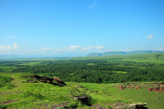 Vyh from the top of a rocky hill to a picturesque valley with a rare forest.