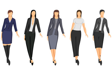 Fototapeta na wymiar Women's work outfits for going to work, dresses, skirts, jackets.