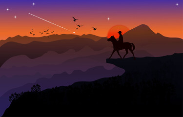 graphics image the man ride horse on mountain silhouette twilight is a sunset with mountain background, design vector illustration 