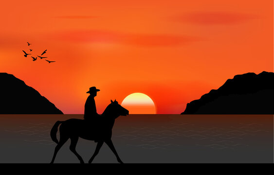 graphics image the man ride horse at beach sea with silhouette twilight is a sunset on the sea with mountain background, design vector illustration