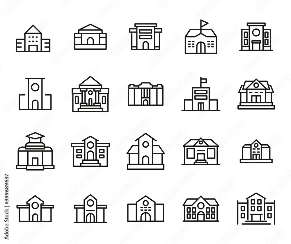 Poster set of school building related vector line icons.