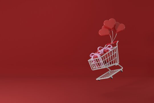 Premium Image Valentine's Day Concept A shopping cart full of gifts, flying love balloons 3D Rendering