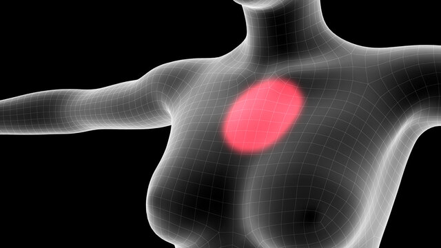 3d illustration of a woman xray hologram showing pain area on the chest area