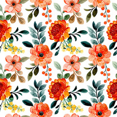 Seamless pattern orange floral and green leaves with watercolor
