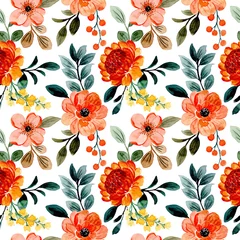 Stickers pour porte Orange Feuilles florales et vertes de modèle sans couture orange avec aquarelle