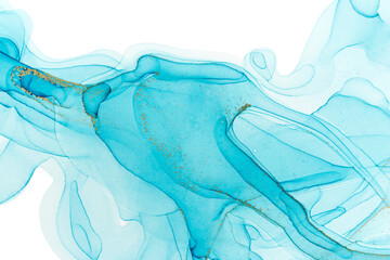 Alcohol ink blue and gold abstract stains on white background. Drops watercolor transparent texture.