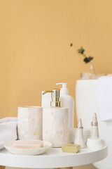 Obraz na płótnie Canvas Set of body care cosmetics in bathroom