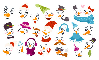 Christmas Snowman face clipart - cute boys and girls faces with hat, scarf, smoke pipe, tie, and glasses, cartoon winter characters isolated on white background, vector illustration for kids