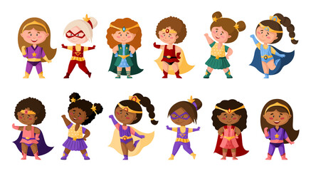 Superhero cartoon girls in super costumes, cute african american female characters isolated vector clipart on white background, superhero comic books baby girls, childish vector illustration set © Maria Zamchiy 