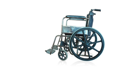 Fototapeta premium side view old wheel chair on white background, object, transportation, copy space