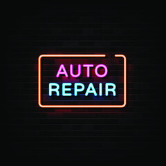 Auto Repair Neon Signs Vector. Design Template Neon Style