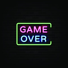 Game Over neon sign, Gaming design template, modern trend design, night neon signboard, night bright advertising, light banner, light art. Vector.