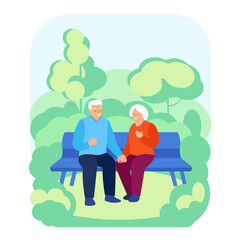 An elderly couple is sitting on a bench in the summer spring. The concept of happy relationships in old age. Vector illustration in flat style.