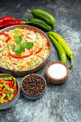 front view tasty salad with fresh vegetables on light grey background diet health meal color