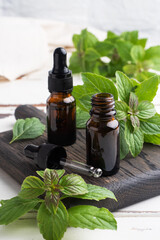 Fragrant mint essential oil in dark glass bubbles, aromatherapy oil natural organic cosmetic on rustic wood background.