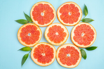 top view fresh grapefruits fruit slices on blue background juice fruit color fresh