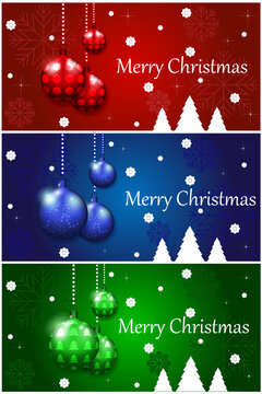 Christmas banner in three colors. Shining stars and snowflakes, shiny Christmas balls on a red, blue, and green background. Vector illustration.