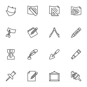 Writing and drawing tools line icons set, outline vector symbol collection, linear style pictogram pack. Signs, logo illustration. Set includes icons as stationary tool, ruler, paper, scissors, pencil