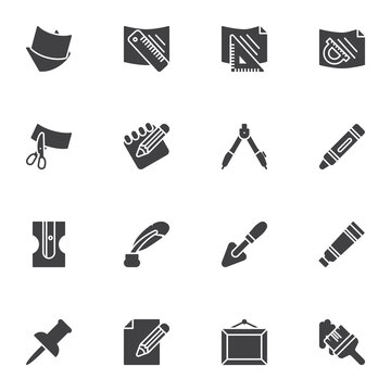 Writing and drawing tools vector icons set, modern solid symbol collection, filled style pictogram pack. Signs, logo illustration. Set includes icons as stationary tool, ruler, paper, scissors, pencil