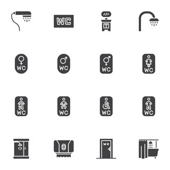 Toilet, WC vector icons set, modern solid symbol collection, filled style pictogram pack. Signs, logo illustration. Set includes icons as sink, shower, paper towel, napkin, bathroom